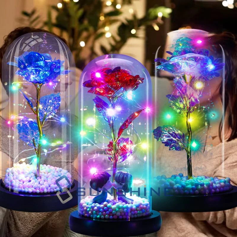 Glowing crystal rose in glass dome gift with multicolor LED lights
