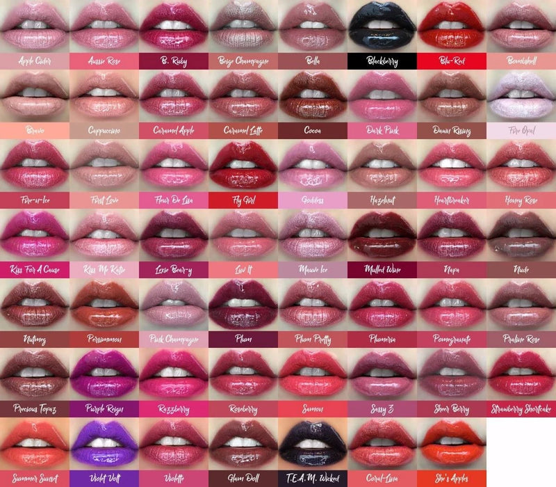 Long-lasting liquid lip color shade swatch collage on lips in multiple colors