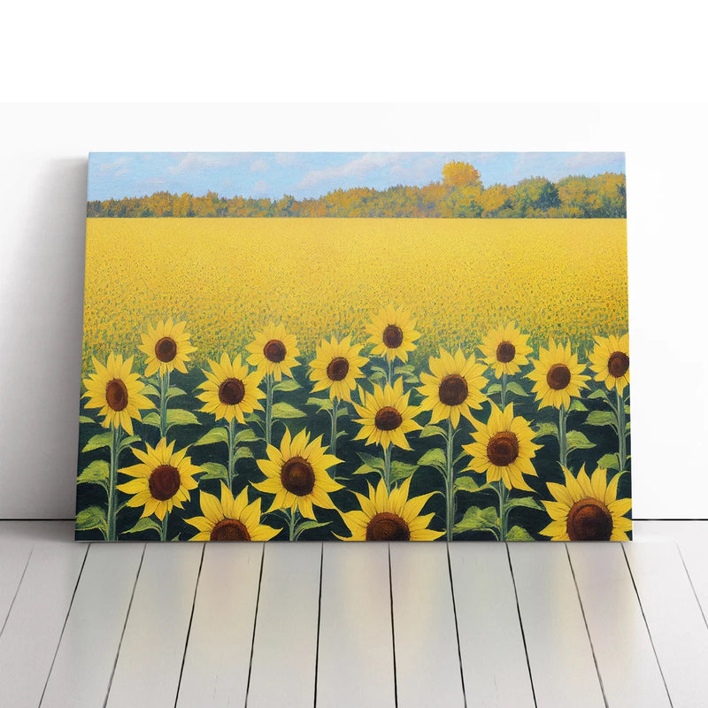 Framed sunflower field canvas wall art print with bright yellow flowers and blue sky
