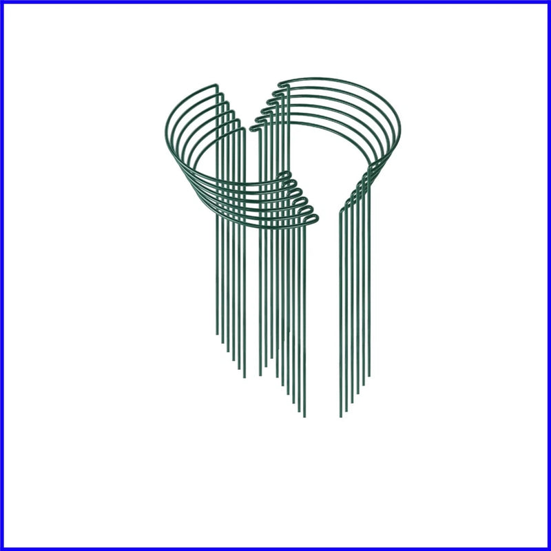 Half-round plant support cage with multiple dark green stakes