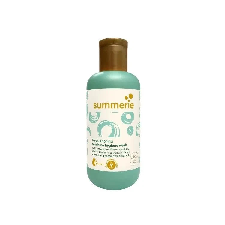 Feminine hygiene wash bottle with gold cap, green pump-style label