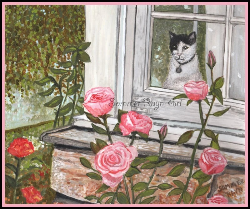 Taking the time to admire the roses, sweet indoor cat, cards/prints,Item #P-0060 Roses
