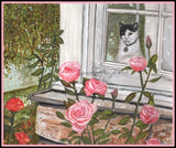 Taking the time to admire the roses, sweet indoor cat, cards/prints,Item #P-0060 Roses