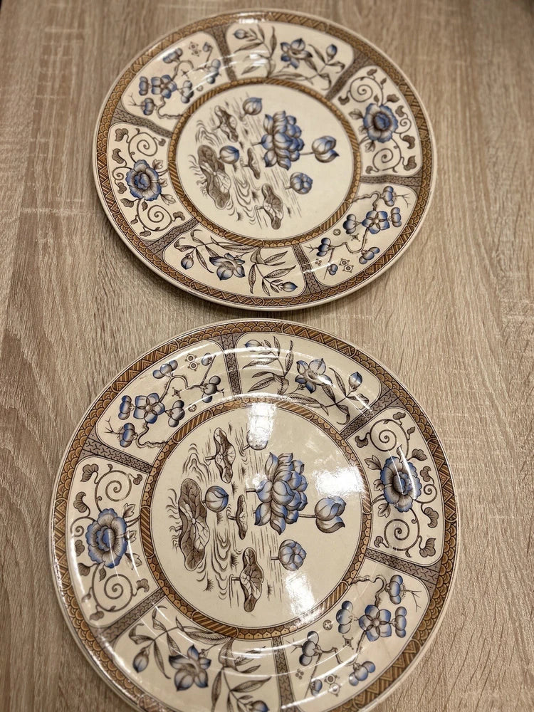 Two decorative ceramic plates with blue water lily and lotus floral design, gold rim