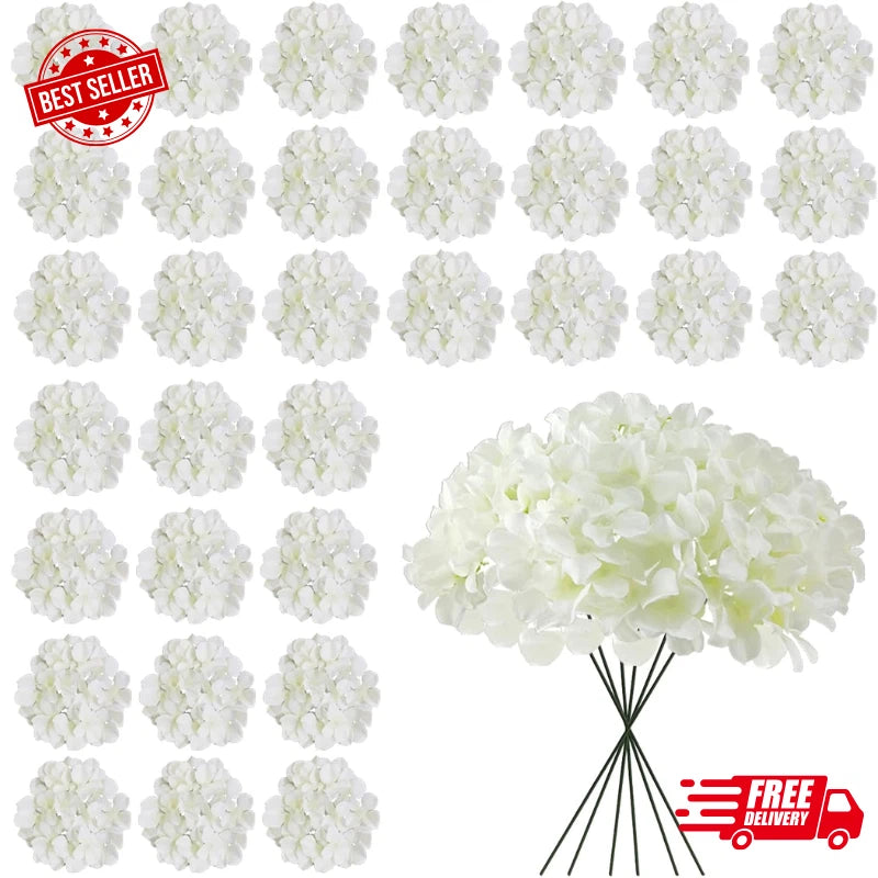 Bulk White Artificial Hydrangea Flowers, 30 Pcs Faux Silk Heads with Stems Hydrangea