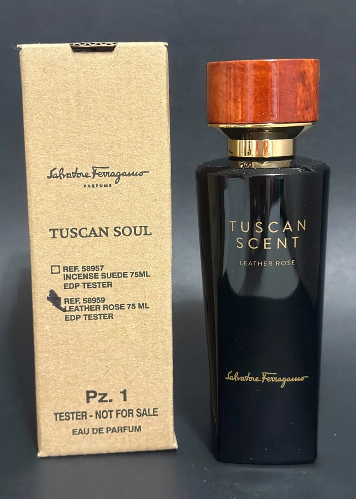 Unisex leather rose eau de parfum tester, dark glass bottle with wood-toned cap