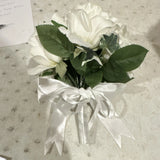 Artificial White Rose Wedding Bouquet with Ribbon and Green Accents Bouquet