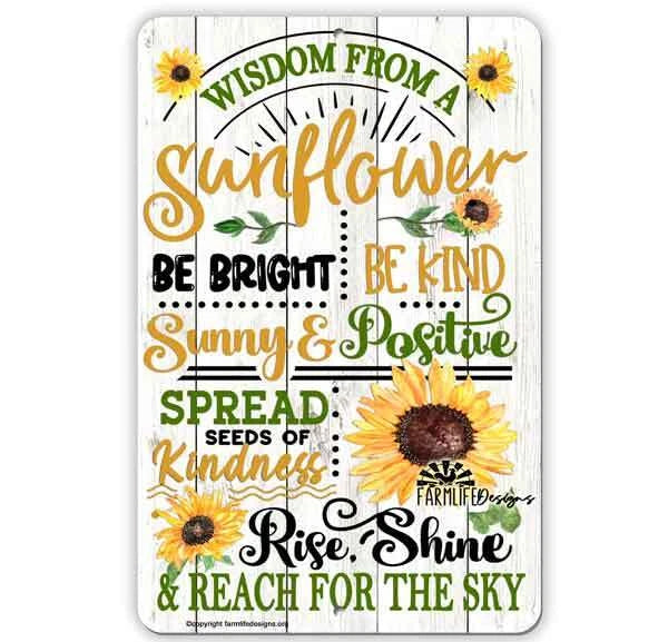 Sunflower wisdom decor sign with yellow flowers and uplifting green and gold lettering