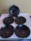 Hon-Wajima lacquerware, vermilion peony flower pattern, confectionery dish, set Peony