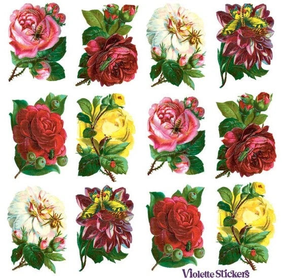 Sheet of rose flower stickers with pink, red, and yellow blossoms and green leaves