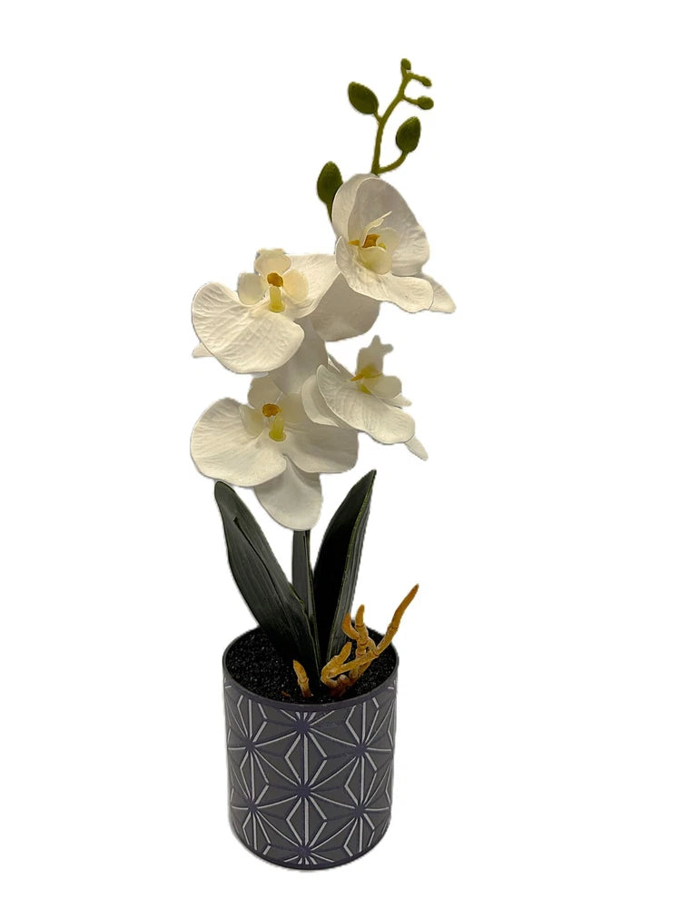 Faux potted orchid plant with white blossoms and dark gray patterned pot