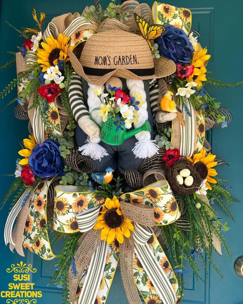 Sunflower floral wreath with burlap gardener hat sign and multicolor ribbon accents