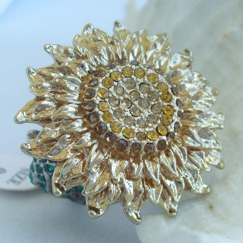 Luxury Cocktail Sunflower Flower Ring Topaz Green Rhinestone Crystal CR319C2 Sunflower