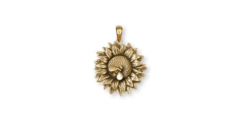 14k gold sunflower pendant, handmade flower charm with textured petals and center