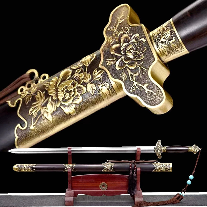 Robust Brass Peony Flower Theme Chinese Sword Big Groove Damascus Folded Steel Peony