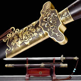 Robust Brass Peony Flower Theme Chinese Sword Big Groove Damascus Folded Steel Peony