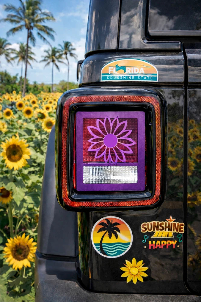 Purple 3D sunflower rear tail light cover with decorative border, non-LED style