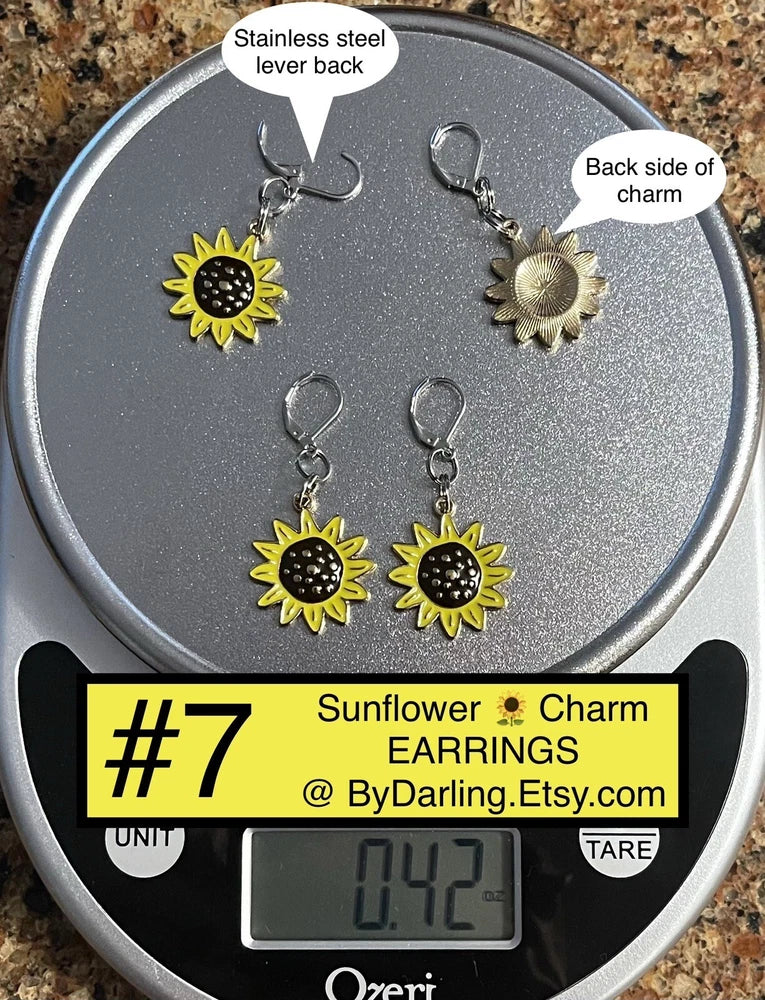 Enamel Sunflower Charm Earrings / Lever Back Hook / New Handmade Sunflower