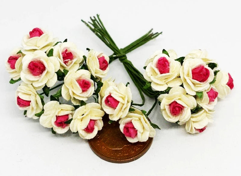 1:12 scale paper rose bunches: white petals with pink centers, green stems, brown base