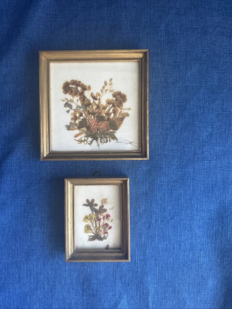 Two-piece set of framed dried floral wall art with pressed flowers, large and small frames