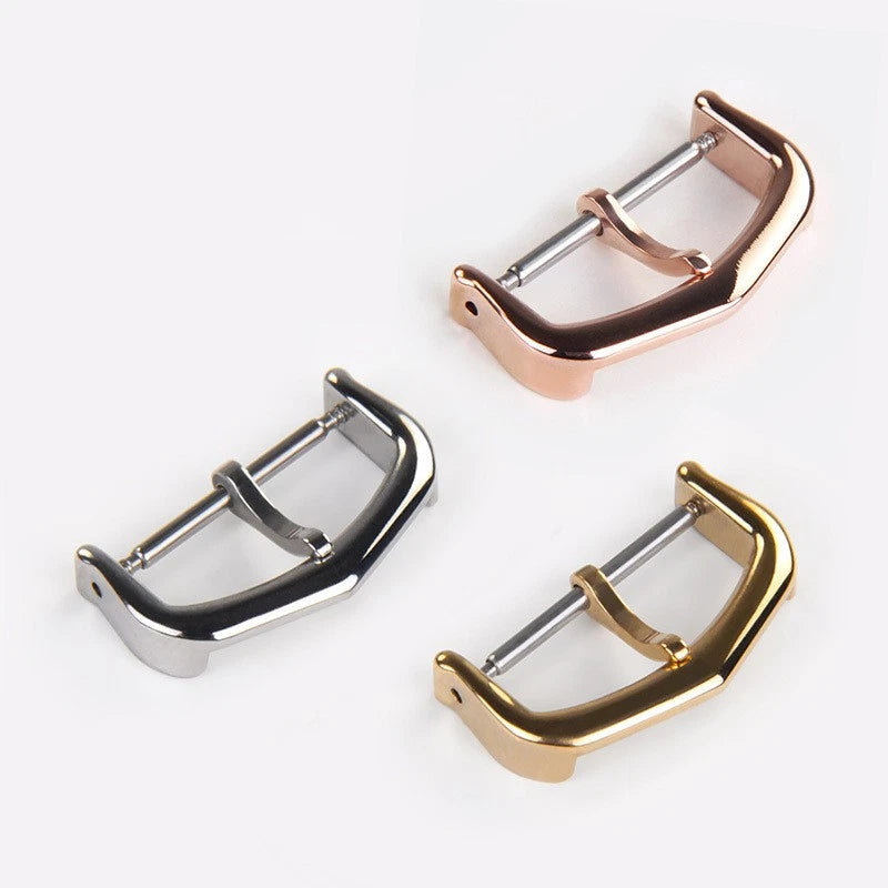 Gold-plated watch tang buckle, shown in gold, rose, and silver tones