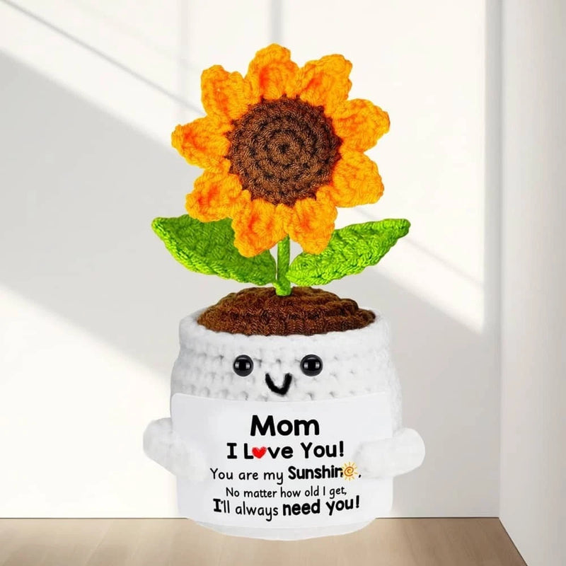 Crochet sunflower pot with smiling white planter and Mom I Love You! message