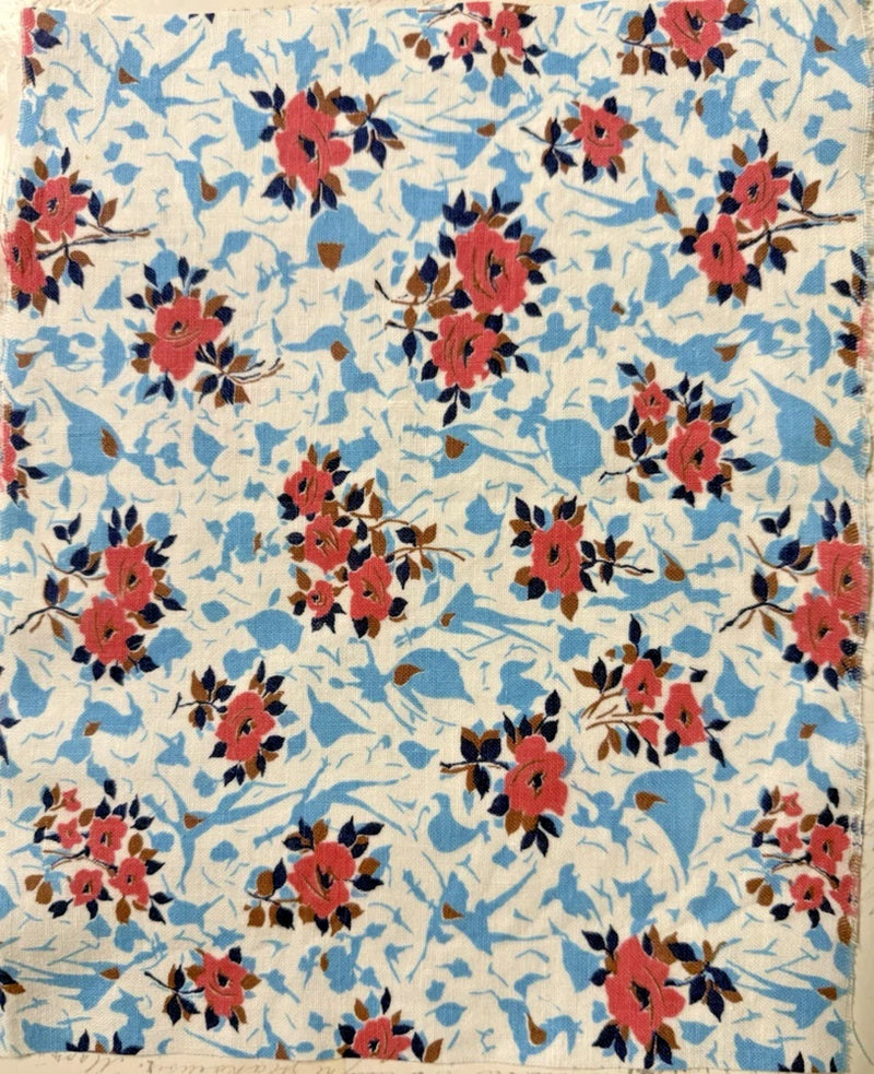 SWEET  1940s feedsack fabric piece 9x10 Blue, Pink & Brown Flowering Plants