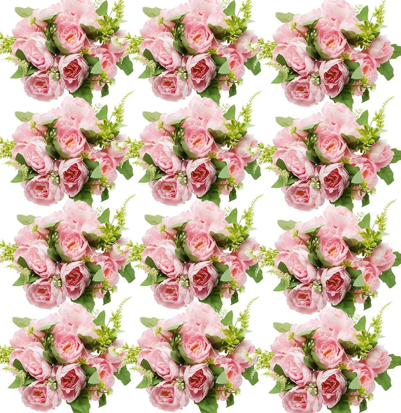 Set of artificial pink peony flower bouquets with green leafy stems