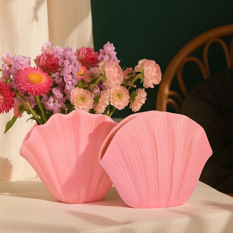 Pink Ceramic Shell Vase Set of 2 - Funky Seashell Planter for Pampas Grass, C... Pampas Grass