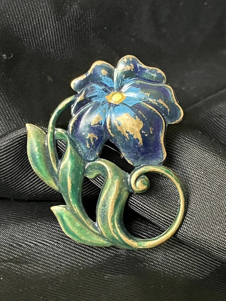 Blue enamel lily flower brooch pin with antique brass leaves and circular clasp