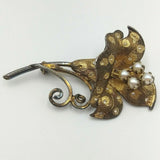 Vtg Textured Lily Flower, Pearl, Rhinestone, Sterling Silver Vermeil Brooch Pin Lily
