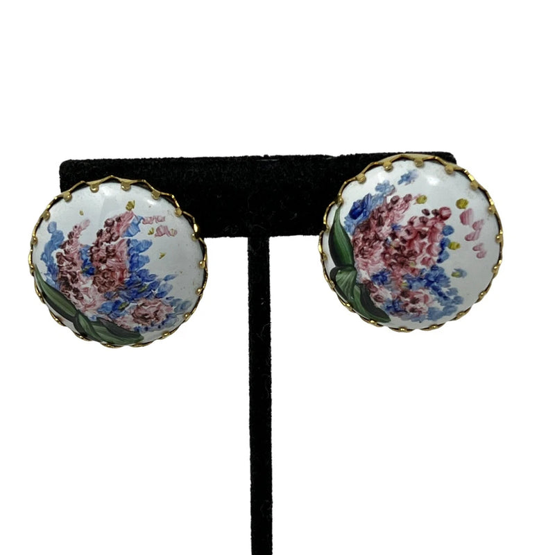 Vintage Flower Clip On Earrings Gold Tone Pink Purple Hydrangea Pin Hydrangea
