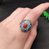 Ladies' Retro Ethnic Landscape Thai Cloisonn ƒ Burning Blue Peony Flower Ring Peony