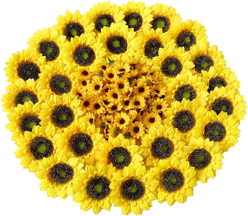 LEVINIS 130pcs Artificial Sunflower Heads 3.5'' 1.5'' Yellow Sunflower Floral De Sunflower