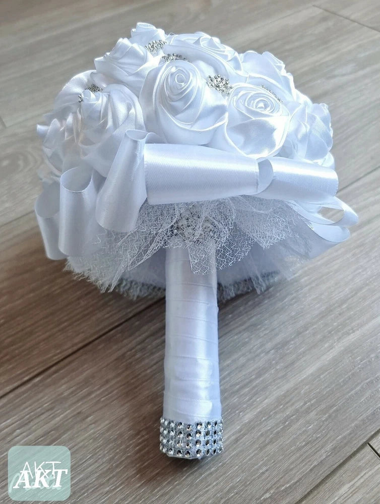 Bridal Bouquet White Satin Rose Brooches for wedding Bouquet