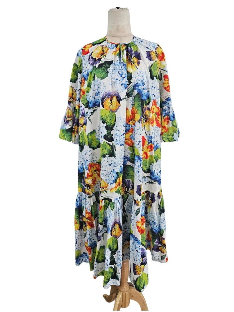 Dolce & Gabbana Blue Hydrangea Poplin Floral Print Dress Hydrangea