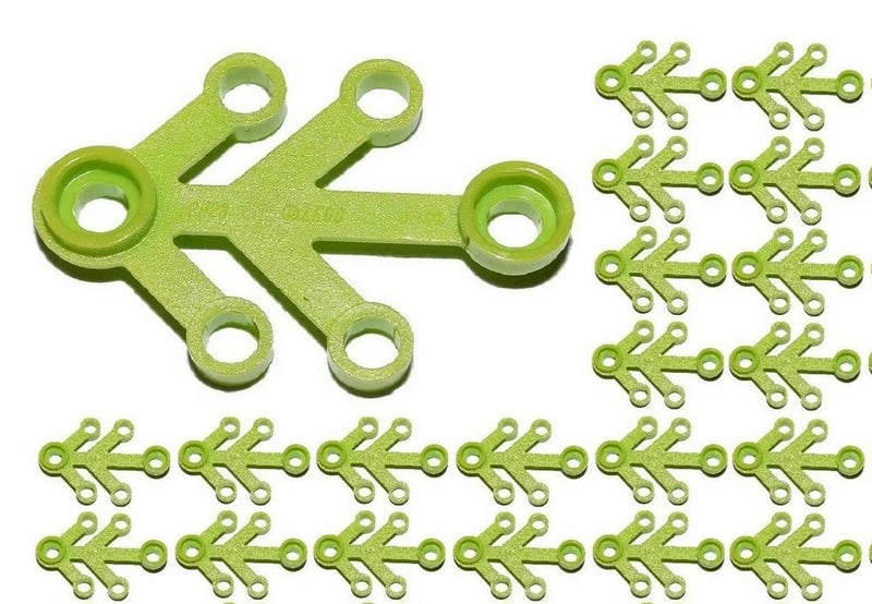 Lime green LEGO tree branch and leaf limb pieces, studded connector shapes