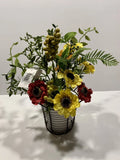 NWT Von Maur Silk Wild Flower Arrangement In Pot W/ Metal Holder - Sunflowers Sunflower