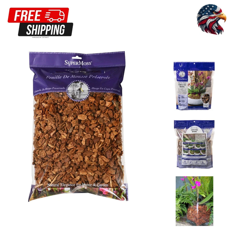 Orchid bark potting mix in sealed purple bag, natural brown bark chunks