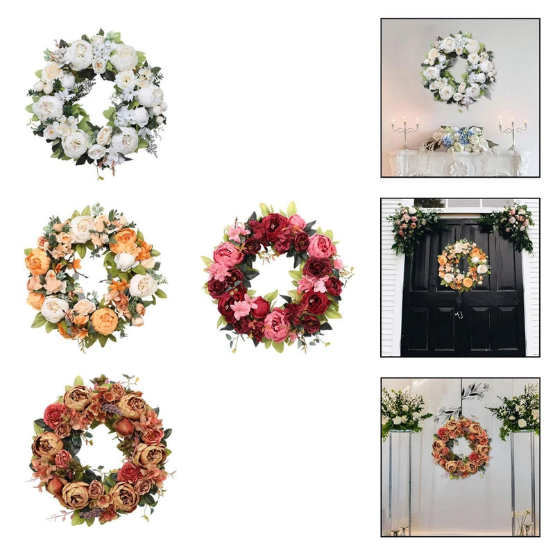 Artificial peony wreaths with white, peach, and deep red faux blossoms