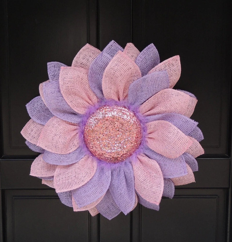 Pink and purple sunflower mesh door wreath with glitter center and hanging loop