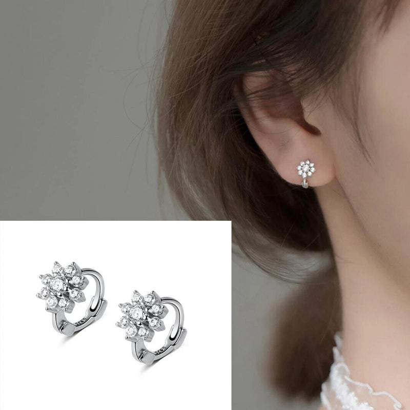 Sterling silver sunflower stud hoop earrings with small flower cluster detail