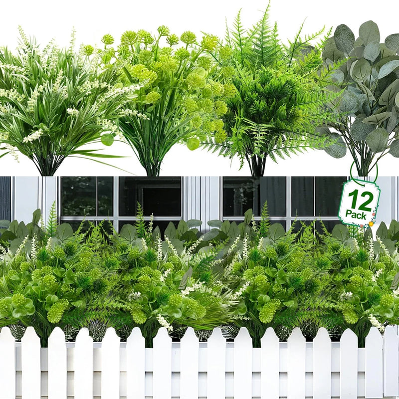 12-pack artificial greenery bundles with mixed bright green leaf plants for outdoor use