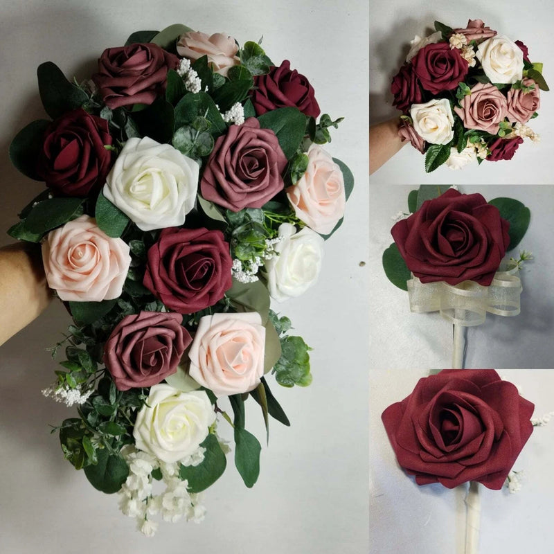 Burgundy Dusty Rose Eucalyptus Faux Foam Bridal Wedding Bouquet Accessories Bouquet