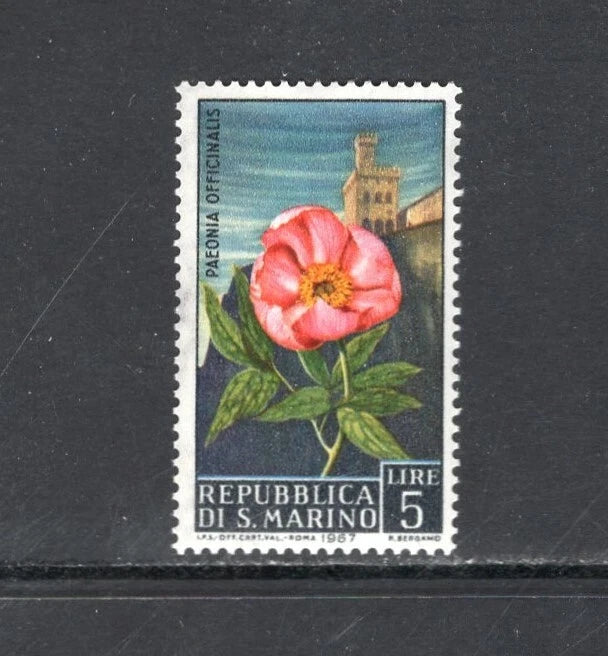 Vintage postage stamp: pink peony flower with Mt. Titano view, 5 Lire