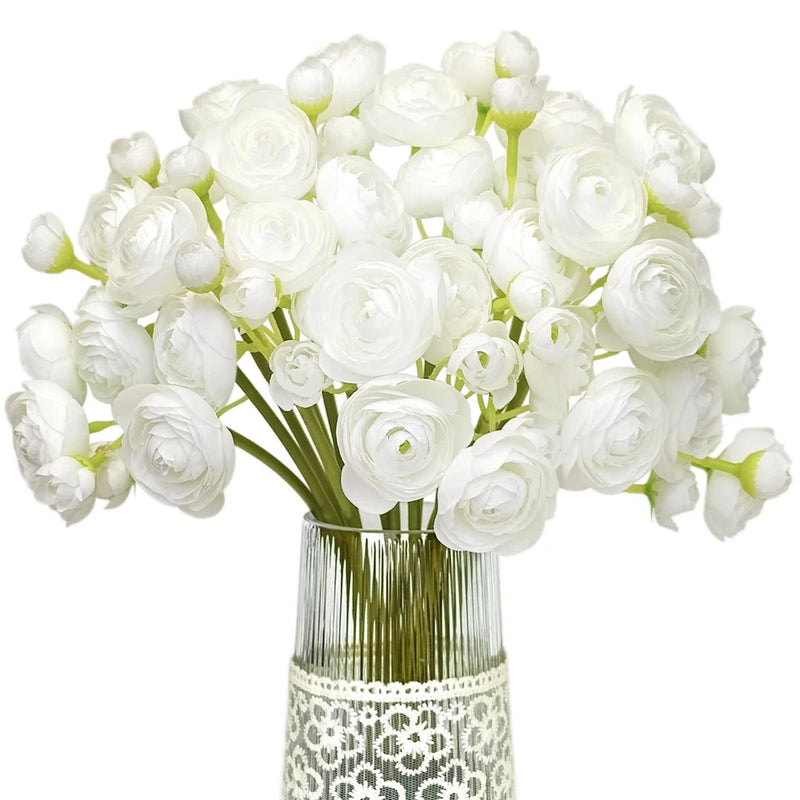 18 PCS Ranunculus Artificial Flower White Silk Flowers Faux Bouquet Decor Ranunculus