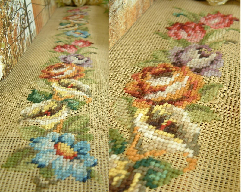 Preworked needlepoint bellpull canvas with multicolor rose floral stitched motif