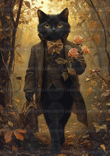 Gothic cat graphic T-shirt with roses bouquet and bow tie