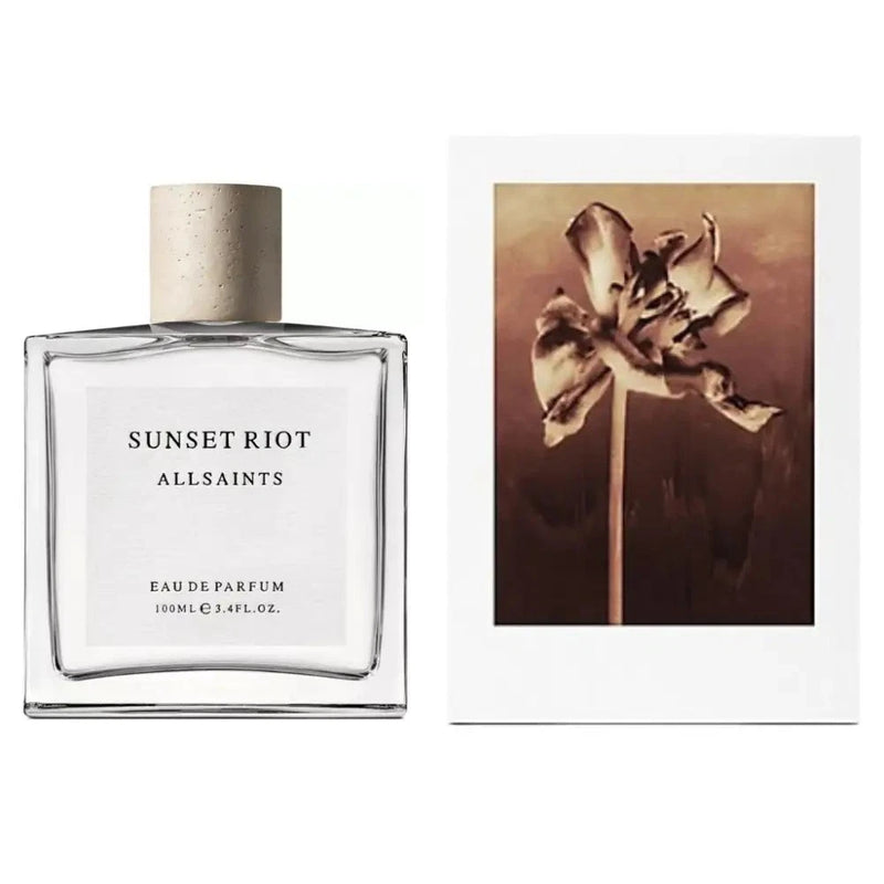 Allsaints Sunset Riot eau de parfum bottle with glass body and beige cap