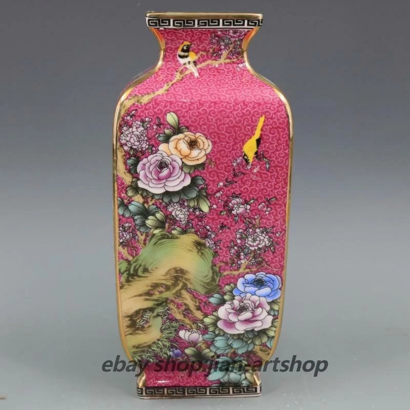 9.9" Good China Colour Enamels Porcelain Gild Peony Flower Bird Four Sides Vase Peony